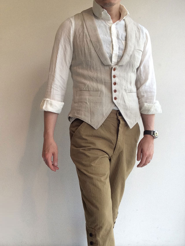 victorians linen waistcoat ecru着用画像