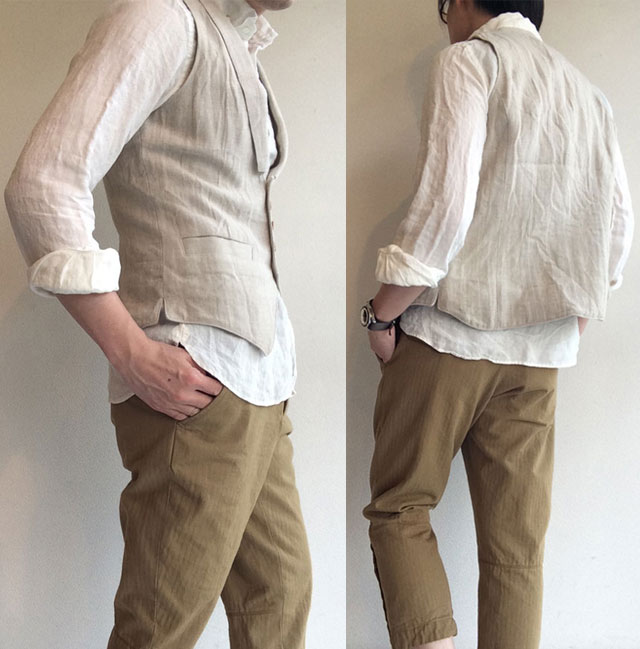 victorians linen waistcoat ecru着用画像