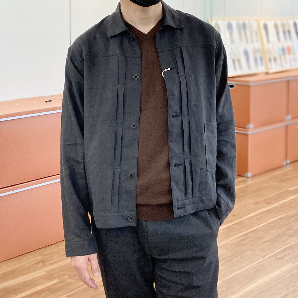 213 Linen Jacket, Charcoal Linen／Workers - マメチコ Fashion and